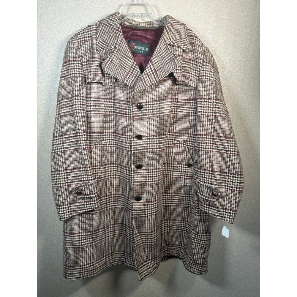 Vtg McGregor Men's Plaid Overcoat Sz 44 Glen Check‎ Wool Blend Belted Peacoat